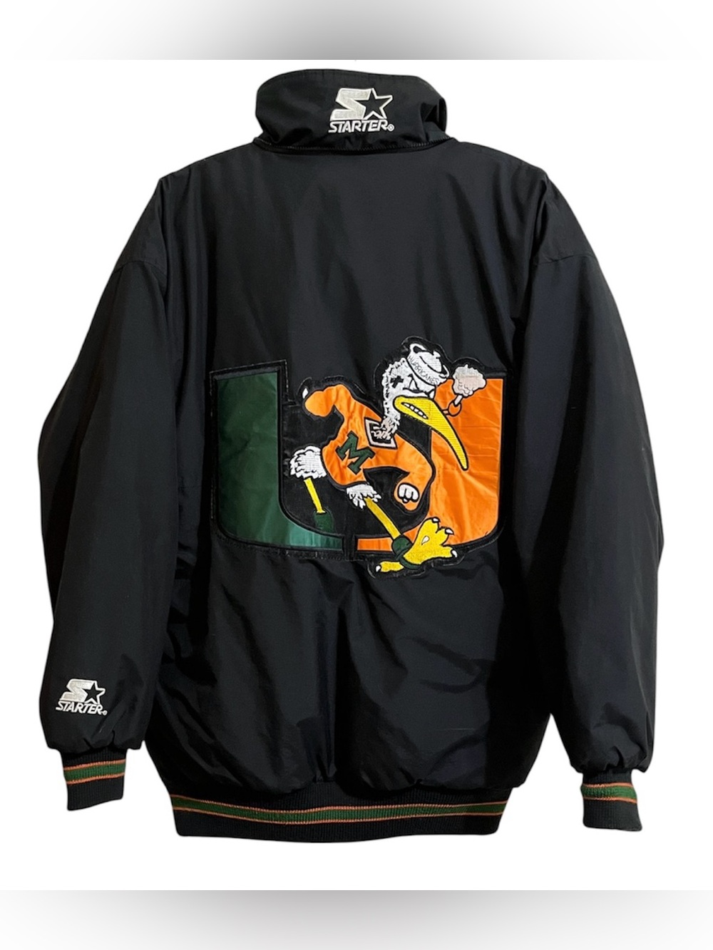 Vintage STARTER 90’s Black University of Miami Hurricanes Bomber Jacket Medium